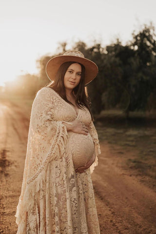 Stunning Unlined Lace Maternity Dress Hire - We Are Reclamation Magic Maker Gown - Dark Ivory - Reclamation Gown Rental Australia