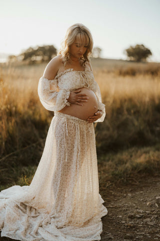 Reclamation two piece dress hire for maternity photoshoot