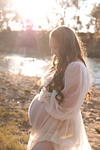We Are Reclamation Wish For It Gown: Maternity Dress Hire - Long Sleeve Sheer Maternity Gown for Photoshoots