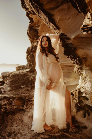 Chiffon Tulle Ivory Gown for Maternity Shoots - We Are Reclamation Wish For It Gown - Maternity Dress Hire Australia