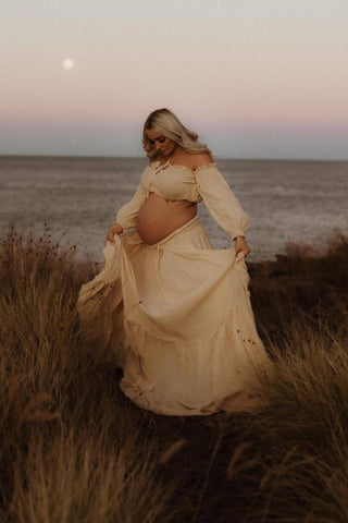 Beige Goddess Look Maternity Dress Hire - We Are Reclamation There Is Nothing Quite Like You Two Piece Gown - Reclamation Gown Rental Australia
