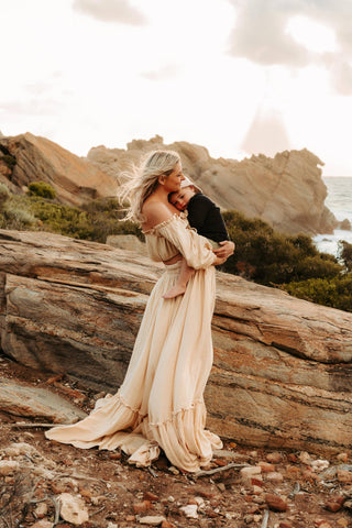 Beige Maternity Gown - High Side Split - Family Photoshoot Dress Hire - We Are Reclamation There Is Nothing Quite Like You Two Piece Gown - Reclamation Gown Rental Australia