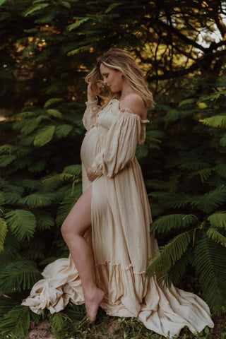 Maternity Gown for Pregnancy Curves - Beige Goddess - Maternity Dress Hire - We Are Reclamation There Is Nothing Quite Like You Two Piece Gown - Reclamation Gown Rental Australia