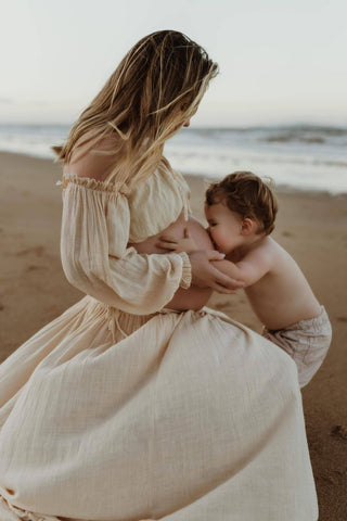 Flowing Two-Piece Maternity Gown - Beige Elegance - Maternity Dress Hire - We Are Reclamation There Is Nothing Quite Like You Two Piece Gown - Reclamation Gown Rental Australia