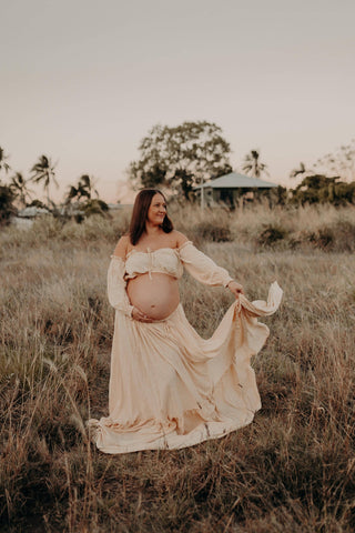 Maternity Photoshoot Essential - Beige Goddess Gown - Maternity Dress Hire - We Are Reclamation There Is Nothing Quite Like You Two Piece Gown - Reclamation Gown Rental Australia