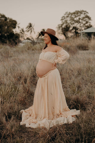Linen Gauze Maternity Dress Hire - Beige Goddess - Maternity Dress Hire - We Are Reclamation There Is Nothing Quite Like You Two Piece Gown - Reclamation Gown Rental Australia