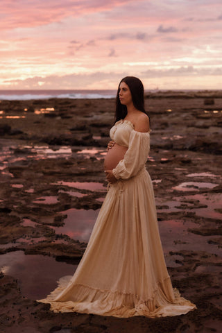 Goddess-like Maternity Gown - Beige Beauty - Maternity Dress Hire - We Are Reclamation There Is Nothing Quite Like You Two Piece Gown - Reclamation Gown Rental Australia