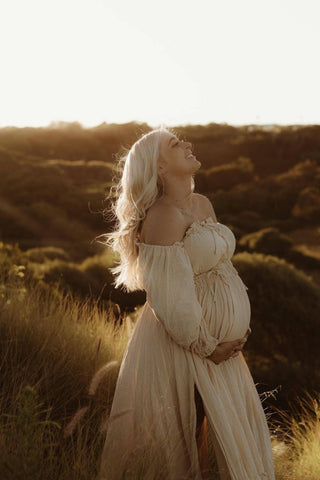 Goddess Moment Gown in Beige Maternity Dress Hire - We Are Reclamation There Is Nothing Quite Like You Two Piece Gown - Reclamation Gown Rental Australia
