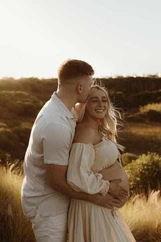 Maternity Photoshoot Attire Made of Beige Linen Gauze Gown - Maternity Dress Hire - We Are Reclamation There Is Nothing Quite Like You Two Piece Gown - Reclamation Gown Rental Australia