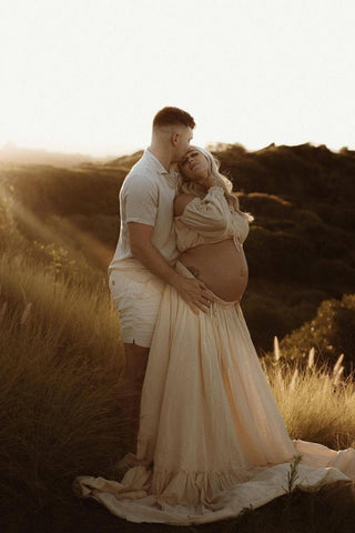 Elegant Maternity Dress Hire With High Side Splits for Comfort - We Are Reclamation There Is Nothing Quite Like You Two Piece Gown - Reclamation Gown Rental Australia