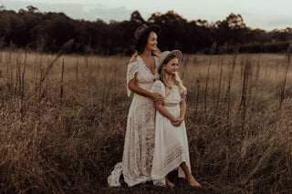 We Are Reclamation There Is Only This Moment Gown: Elegant Family Photoshoot Gown Hire - Handmade Vintage Lace Family Photoshoot Gown Hire - Plus size lace gown for family photoshoots - Fully Lined Lace Family photoshoot gown hire - Bespoke lace family photoshoot gown hire- boho vintage family photoshoot gown hire