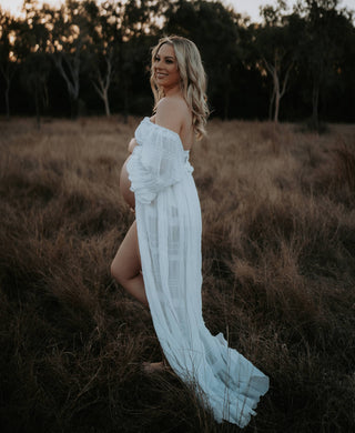 Versatile Maternity and Beyond Dress Rental - Bump Friendly and Breastfeeding Friendly - White Lotus Tulle Maxi Dress - Maternity Dress Hire