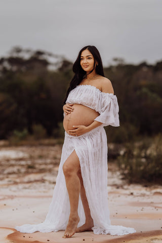 White Lotus Tulle Maxi Two Piece Set: Fits Aus 6-16 Maternity Dress Hire - One Size Fits Most Maternity Photoshoot Dress - Open Bump Maternity Photoshoot Dress