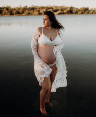 Willow White Lace Robe - One Size Fits Most (8-18) Lace Robe Rental - Willow White Lace Robe - Show Off Your Bump