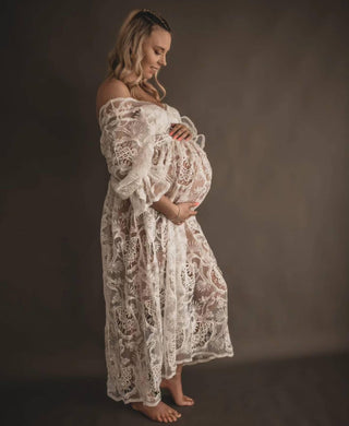 Zale The Label Daphne White Lace Maxi Dress - Adjustable Straps & Sheer Sleeves Maternity Dress Hire