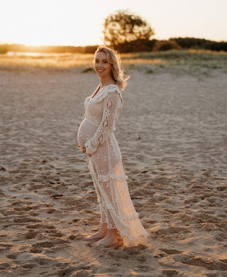 Maternity Dress Hire - Chasing Unicorns Wishing You Were Here Crochet Maxi - Exquisite hand crocheted gown, elegant 1970s inspired shape, perfect for maternity and beyond.