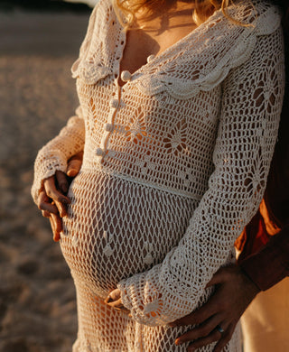 Button Front Maternity Dress Hire - Chasing Unicorns Wishing You Were Here Crochet Maxi Dress Cream