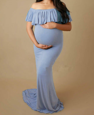 Mama Rentals Isabel Off the shoulder ruffle maternity dress in dusty blue