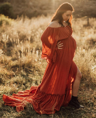 Maternity Dress Hire - We Are Reclamation Ruffle Me Open Gown Rust - Linen gauze, buttons down the front - Ideal for maternity and beyond (One Size fits Aus 8-22)