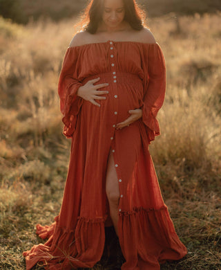 Maternity Dress Hire - Reclamation Ruffle Me Open Gown - Buttons all the way down, wear it open or closed, made of beautiful rust earthy colour linen gauze.