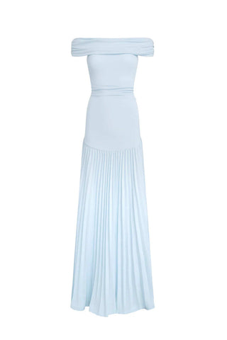 Light blue off-shoulder pleated dress on a white background