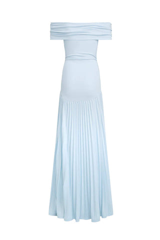 Back of a Light blue off-shoulder pleated dress on a white background