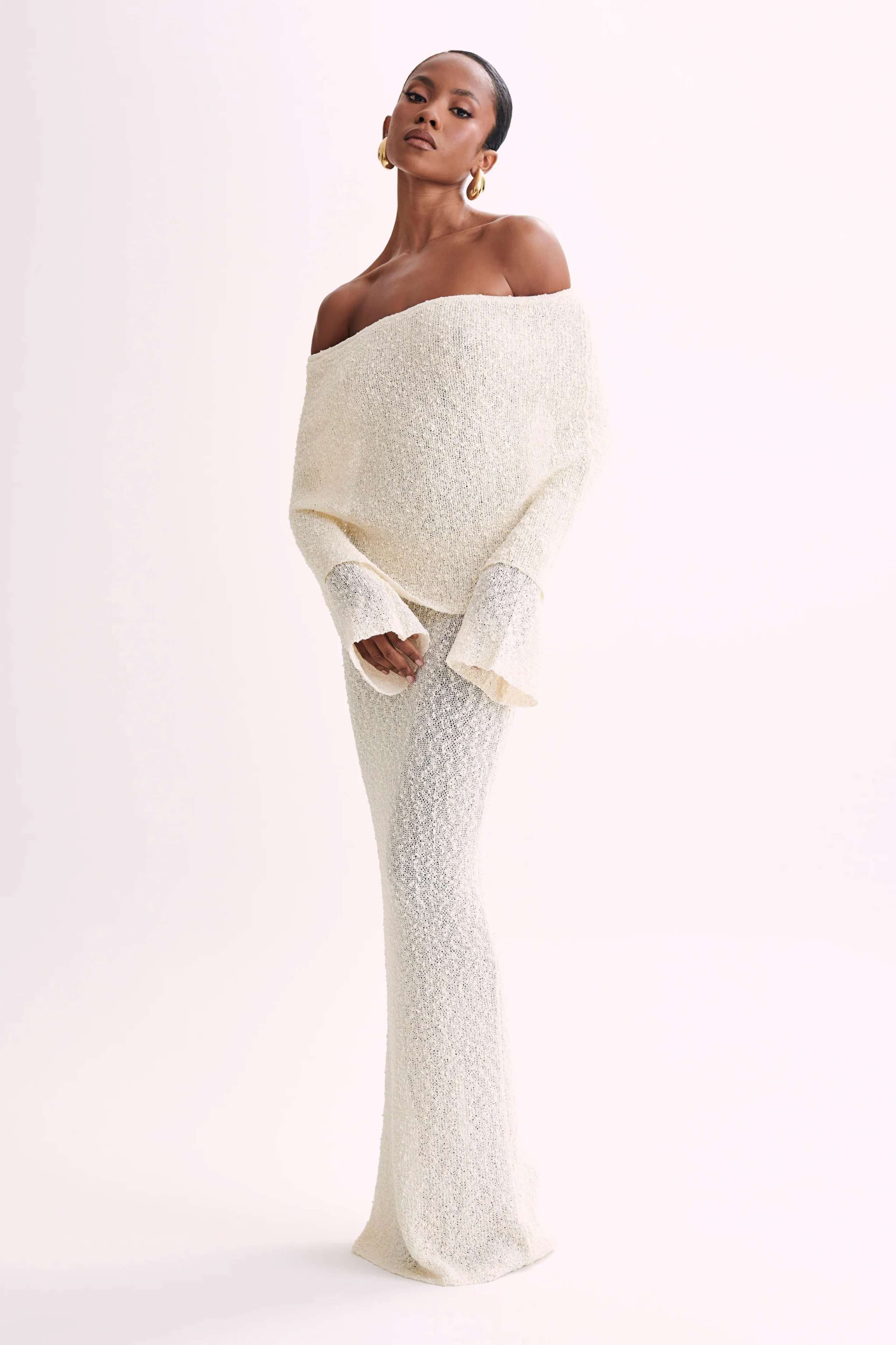marisol off shoulder boucle maxi dress ivory Marisol Boucle Off Shoulder Maxi, size 6-10