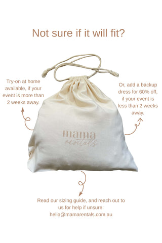 Infographic showing three ways to ensure your dress fits: try on before hiring, add a backup dress, or read the sizing guide and contact us for assistance."