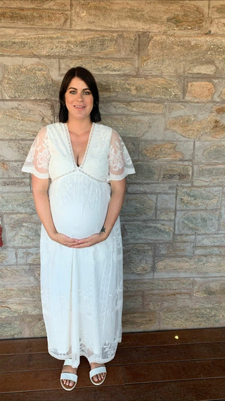 PinkBlush White Lace Mesh Overlay Maternity Maxi dress