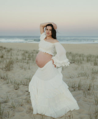 The Boho Shed Wild Heart Two Piece Dress: Off the Shoulder Maternity Dress Hire - Maternity Beach Outfit for Maternity Photoshoot